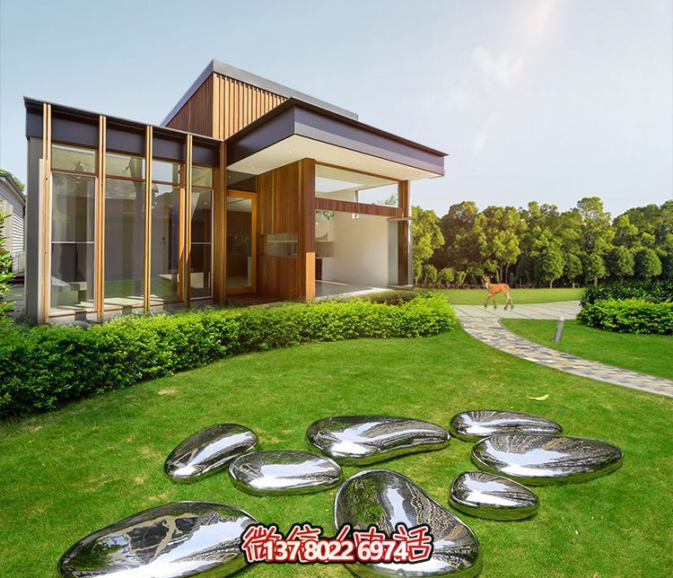 高端室內草坪裝飾，不銹鋼雕塑鏡面石頭安放