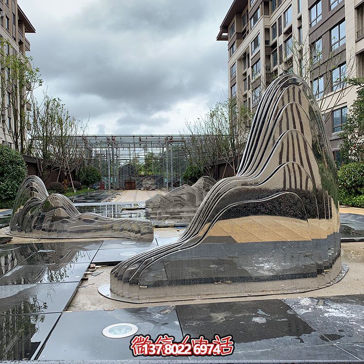 假山雕塑+不銹鋼噴泉，完美結合抽象鏡面美學