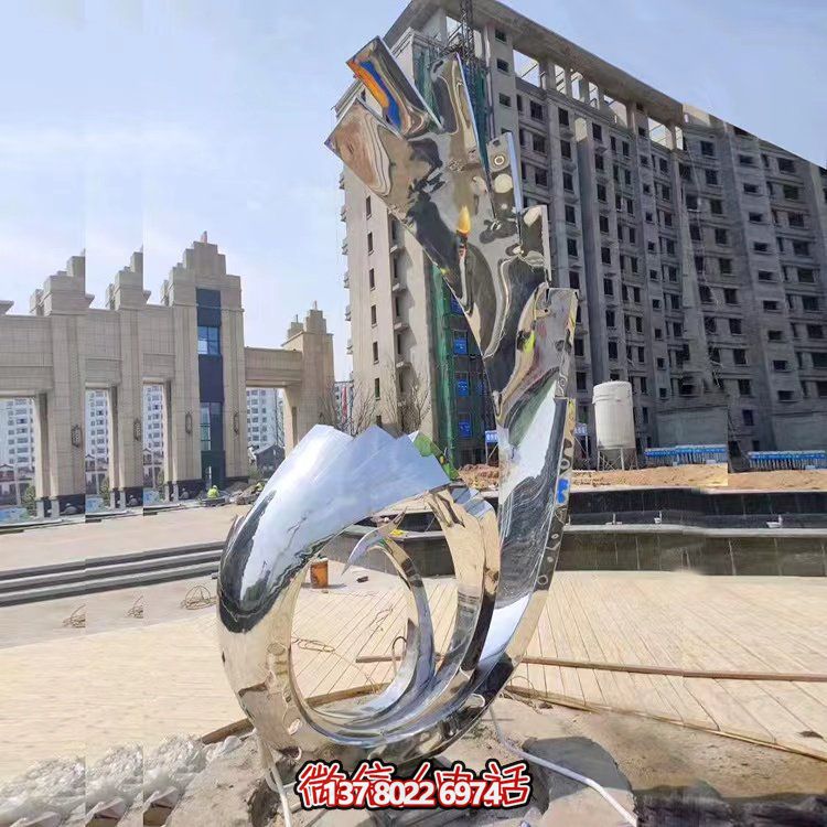 小區廣場不銹鋼鏡面拋光抽象鳳凰噴泉水景觀雕塑