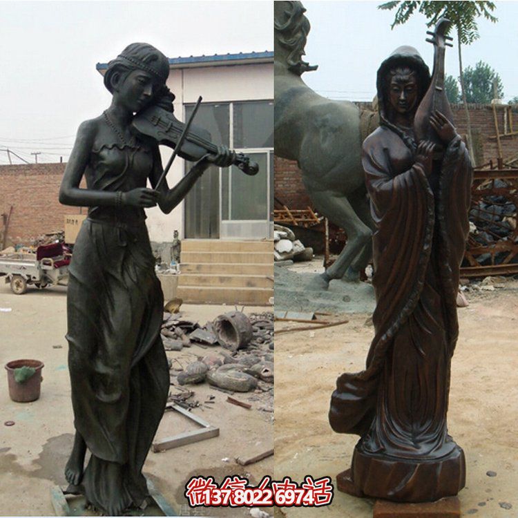校園廣場(chǎng)擺放玻璃鋼仿銅拿樂器仕女人像雕塑